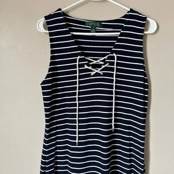Lauren Ralph Lauren Dress Nautical Stripe Lace Up Sheath Sleeveless Summer MED - Picture 2 of 8